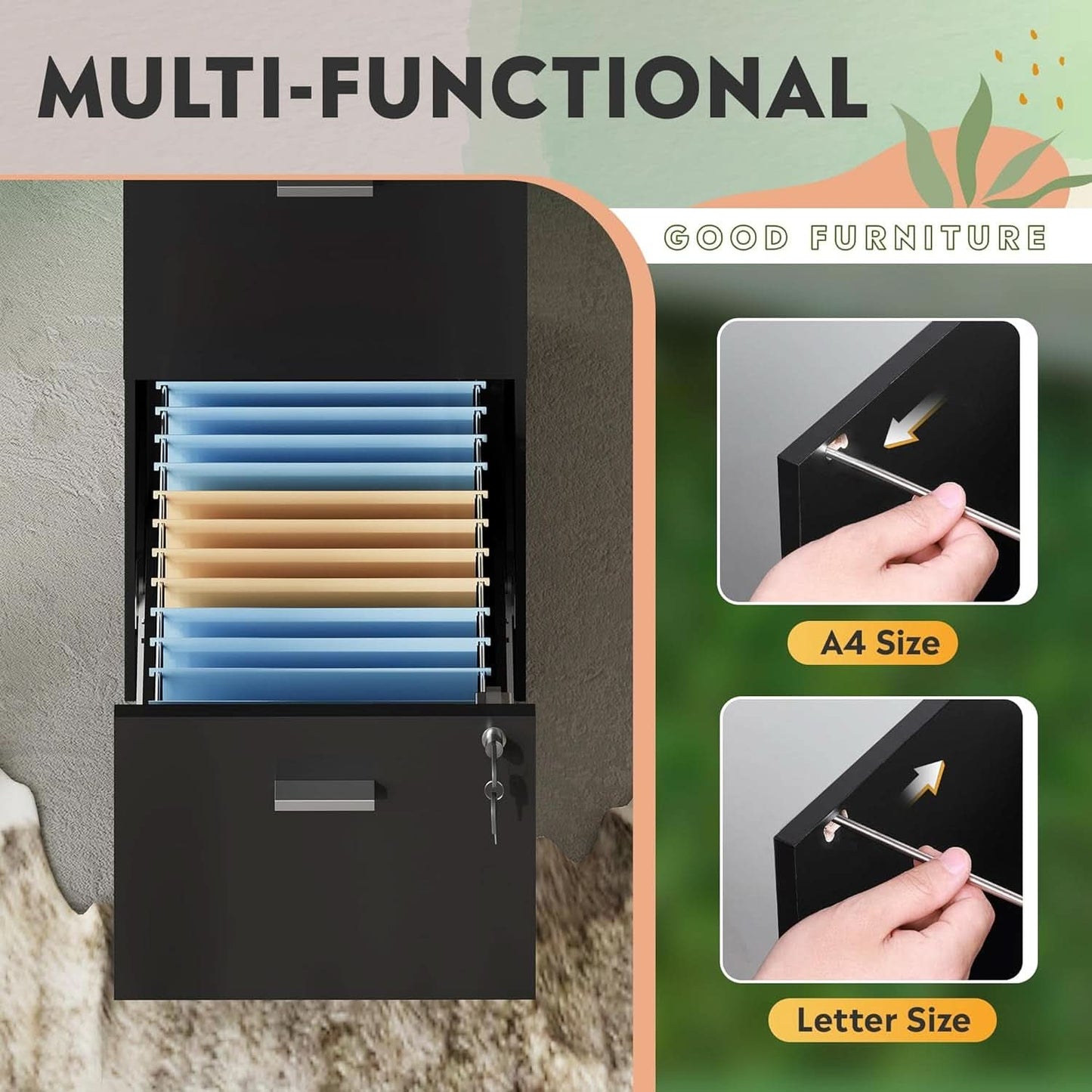 4 Drawer Locking File Cabinet For A4 And Letter Files Black Wood