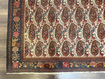 Antique Persian Kurdish Senneh Rug 4.6 x 6.5, Repeated Paisely Boteh Design, Handmade