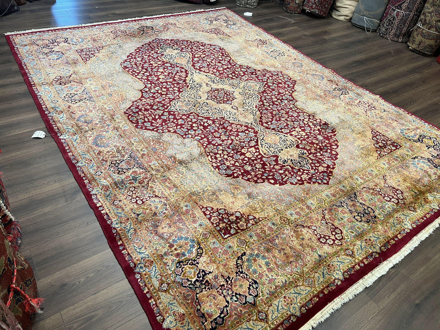 Persian Rug 9x12, Kirman DeLuxe, Millefleur Floral Medallion Carpet, Maroon Light Blue Beige, Semi Antique Authentic Hand Knotted Wool Rug