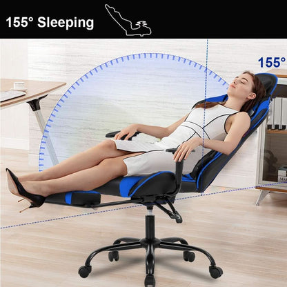 Blue Gaming Chair With Footrest And Lumbar Support For Desk