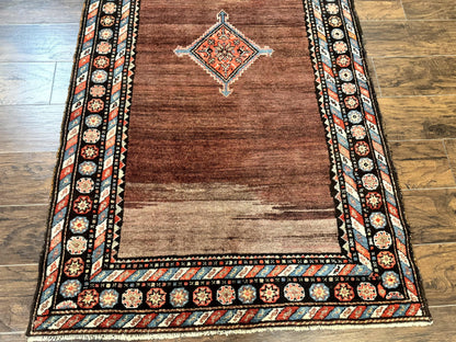 Antique Persian Rug 4x7, Sarab Tribal Wool Carpet, Brown and Multicolor, Handmade Wide Runner Rug 4 x 7, Open Field, Rainbow Border