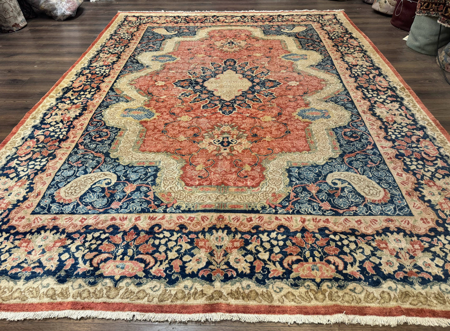 Antique Persian Sarouk Rug 9x12, Boteh Paisleys, Light Red Navy Blue