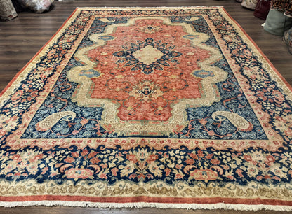 Antique Persian Sarouk Rug 9x12, Boteh Paisleys, Light Red Navy Blue