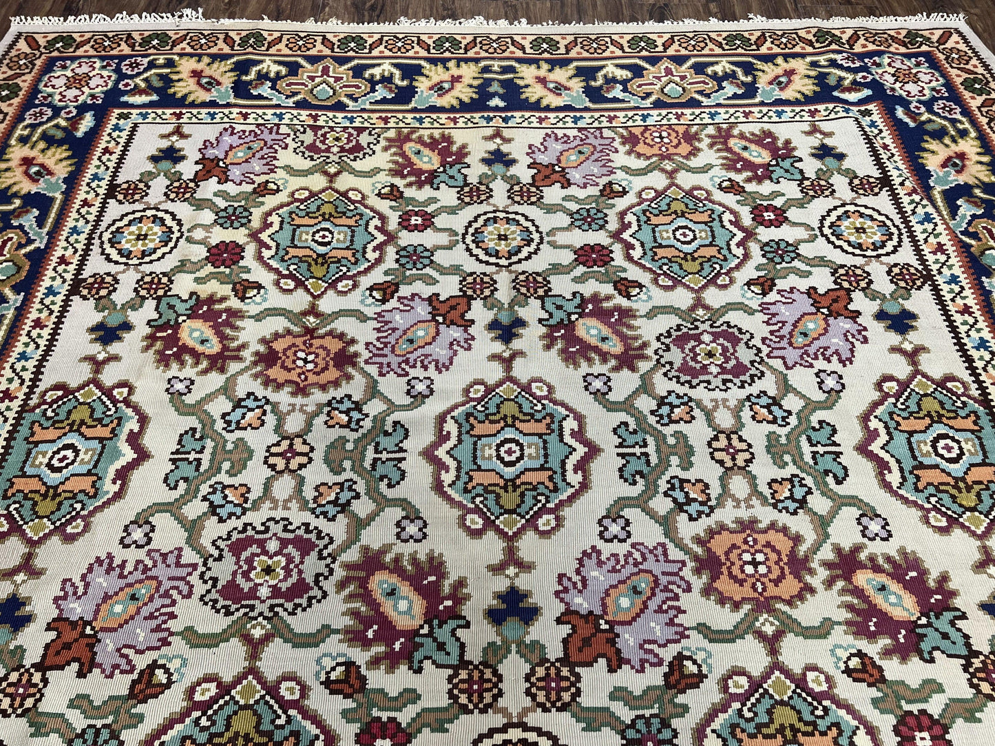 Antique Turkish Kilim Rug 7x10 Allover Pattern, Ivory Cream Maroon Light Blue, Wool Flatweave Hand Woven, Large Kilim, Vintage Kilim Carpet