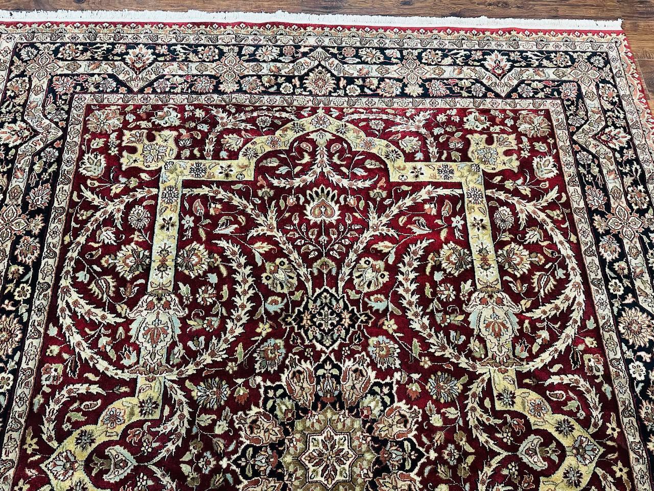 Indo Persian Rug 8x10, Red Vintage Wool Traditional Carpet, Floral, Handmade