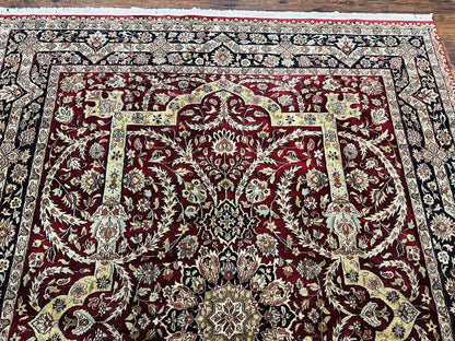 Indo Persian Rug 8x10, Red Vintage Wool Traditional Carpet, Floral, Handmade