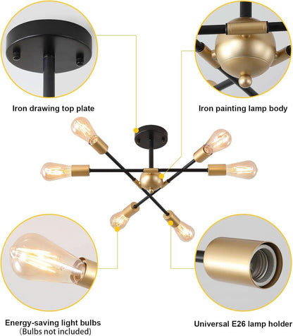 Black And Gold 6 Light Sputnik Ceiling Chandelier Semi Flush Mount UL Listed