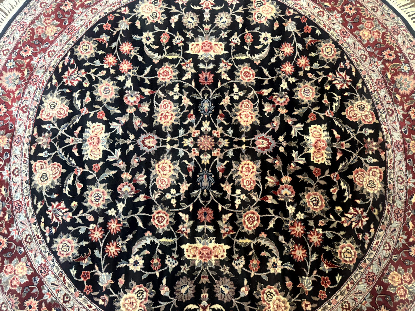 Round Sino Persian Rug 6x6, Floral, Navy Blue and Red, Wool and Silk Highlights