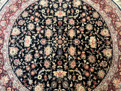 Round Sino Persian Rug 6x6, Floral, Navy Blue and Red, Wool and Silk Highlights