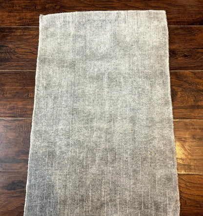 Modern Tibetan Runner Rug 1.9 x 8.6, Wool and Silk Highlights, Gray/Silver, Narrow Runner for Hallway or Kitchen