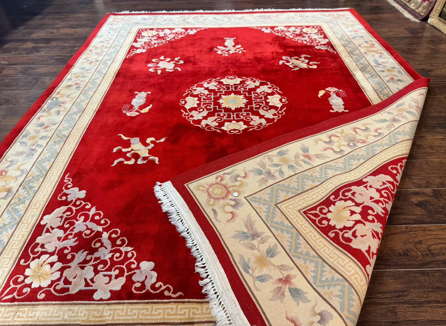 Chinese Wool Rug 8.6 x 11, Red and Beige Asian Oriental Carpet, Plush Pile, Vintage Handmade Chinese Carving Sculpted Rug, Semi Open Field