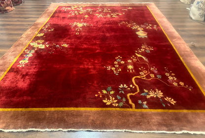 Red Chinese Art Deco Rug 9x11, Simple Design, Wool Chinese Area Rug, Antique
