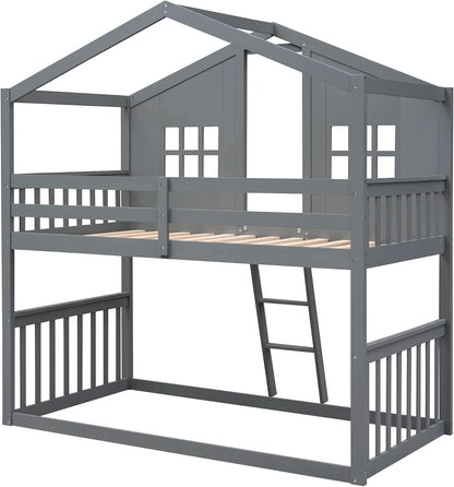 Gray Twin Over Twin House Bunk Bed With Roof For Kids