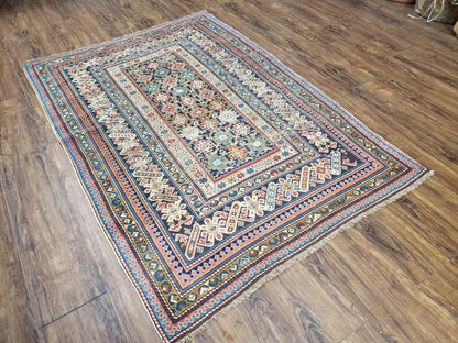 Caucasian Rug 3'9" x 5'7", Antique 1920s Collectible Caucasian Chi Chi Carpet, Hand Knotted, Colorful, Dark Blue Cream Red, Wool, Small Rug