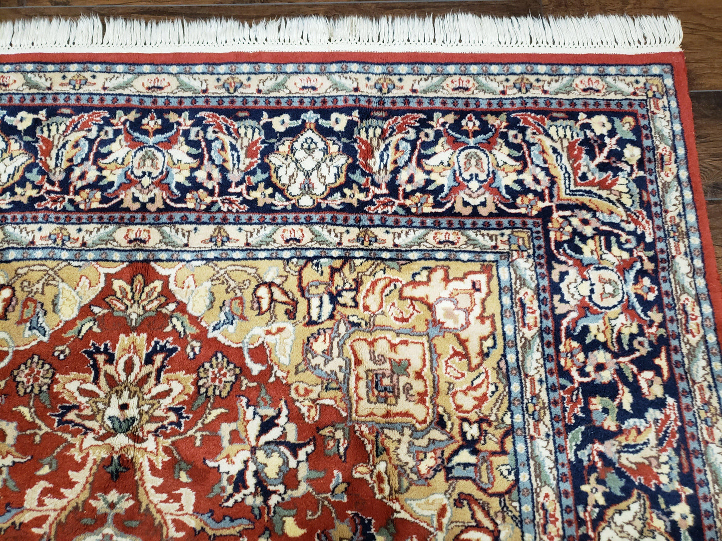 Vintage Indo Persian Oriental Rug 6 x 9.6, Wool Hand-Knotted Red Dark Blue & Gold Indian Carpet, 6 x 9 Office Room Rug, Floral Medallion