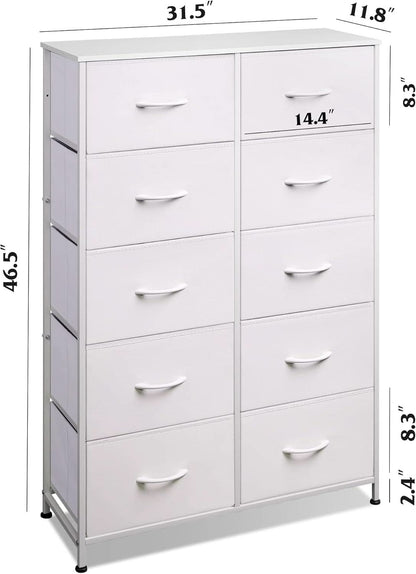 Fabric Dresser With 10 Drawers In White For Bedroom Storage