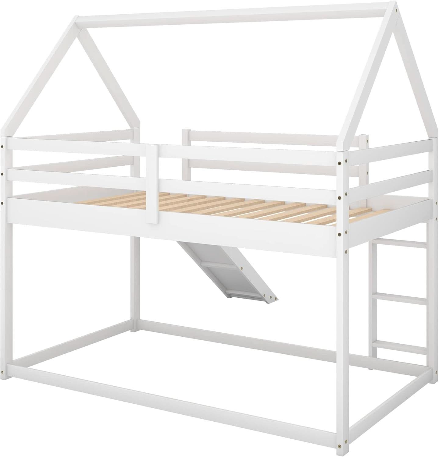 Twin Over Twin House Bunk Bed With Slide Solid Wood