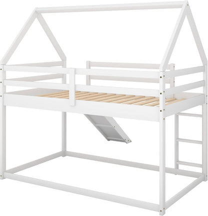 Twin Over Twin House Bunk Bed With Slide Solid Wood