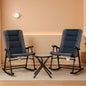 Three Piece Outdoor Patio Furniture Set With Glass Coffee Table And Two Folding Padded Rocking Chairs Navy Blue