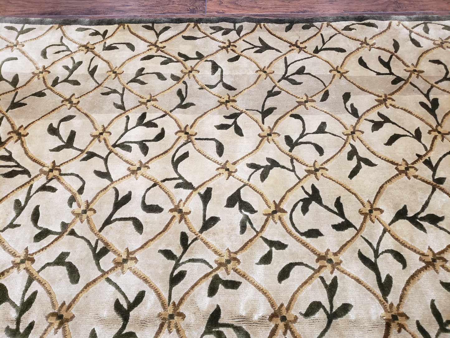 Vintage Tibetan Nepalese Area Rug 9x12, Wool Hand-Knotted, Beige Nepali Soft Pile Carpet, 9 x 12 Living Room Modern Dining Room Rug