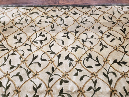 Vintage Tibetan Nepalese Area Rug 9x12, Wool Hand-Knotted, Beige Nepali Soft Pile Carpet, 9 x 12 Living Room Modern Dining Room Rug