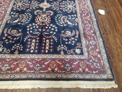 Dark Blue Indo Persian Rug 4x6, Medium Size Hand Knotted Oriental Carpet, Traditional Floral Indian Rug, Blue and Red Entryway Rug, Wool Rug