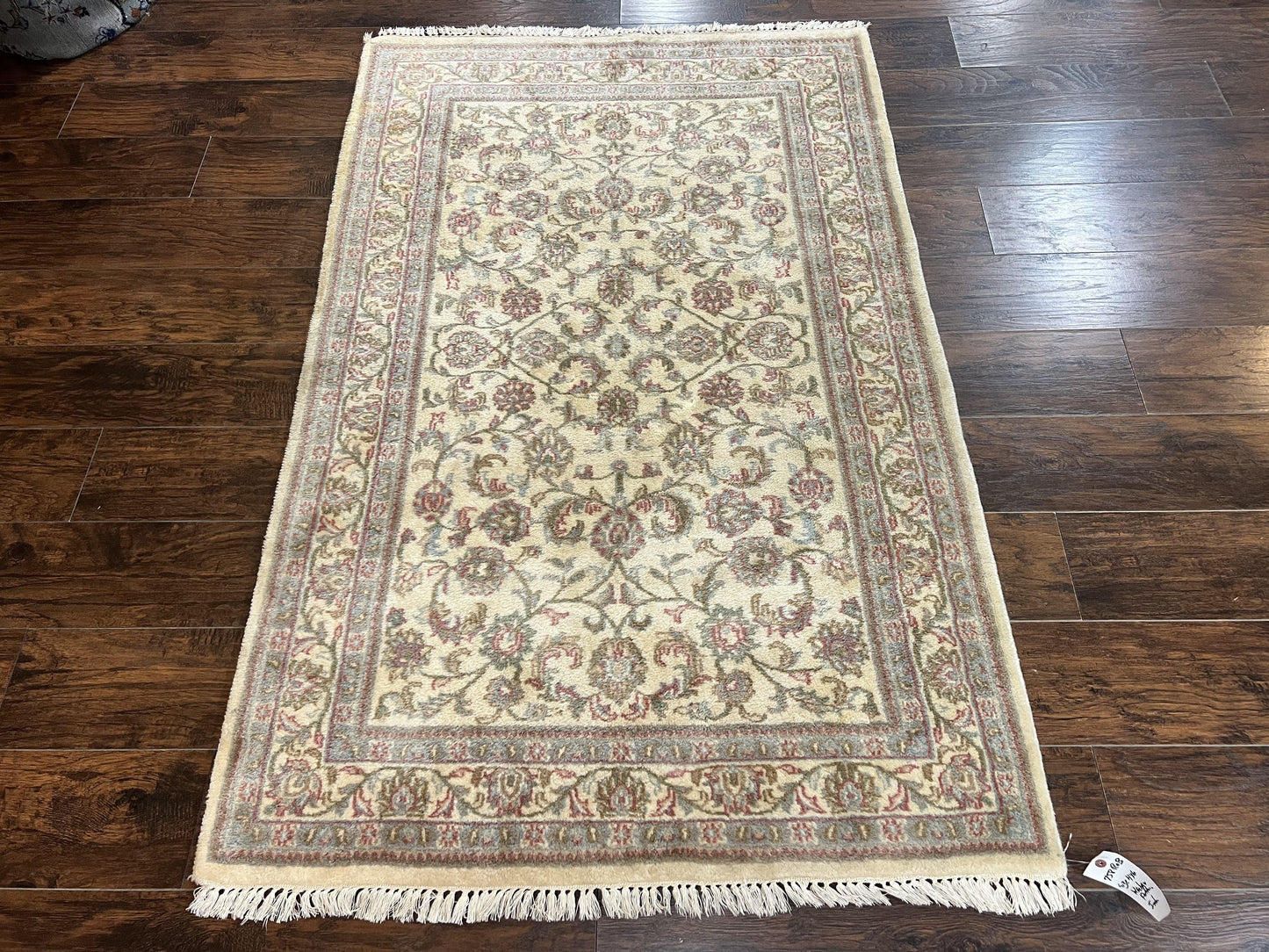 Indo Persian Rug 4x6, Vintage Handmade Wool Carpet, Floral Allover Pattern, Beige, Pair B