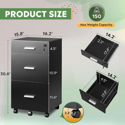 Black 3-Drawer Locking Rolling File Cabinet for Home Office