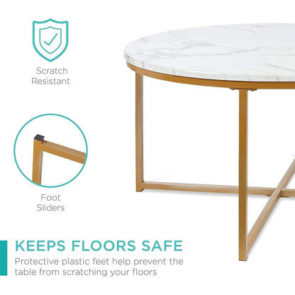 Round Coffee Table With Faux Marble Top Cross Leg Design