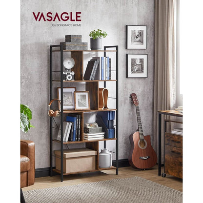 5 Tier Bookshelf Rustic Brown And Black Metal Frame