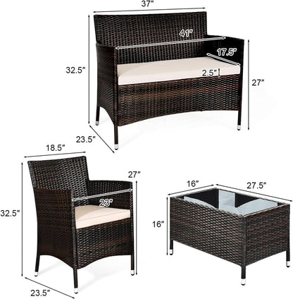 4-Piece Outdoor Rattan Conversation Set with Cushions