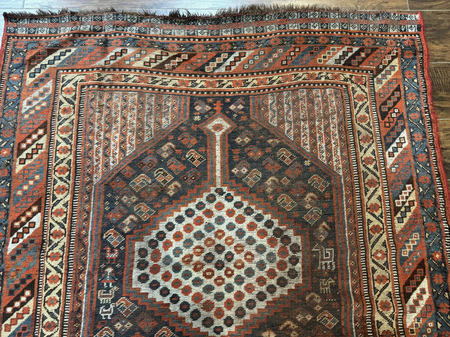 Antique Persian Shiraz Rug 5x8, Khamseh Tribal Wool 1920s Carpet, Navy Blue