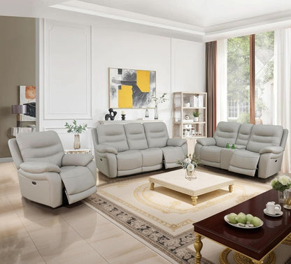 Genuine Leather Power Recliner Sofa Set 3 Piece Light Grey