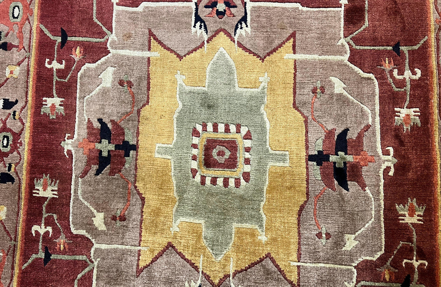 Tibetan Rug 7x10, Geometric Medallion, Red Green Taupe, Hand Knotted, Soft Wool Area Rug, Contemporary Carpet, Handmade Nepali Rug 7 x 10 ft