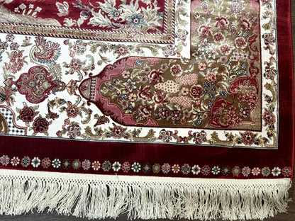 Turkish Silk Hunting Scene Rug 5 x 7.6, Red & Ivory, Bamboo Silk, New