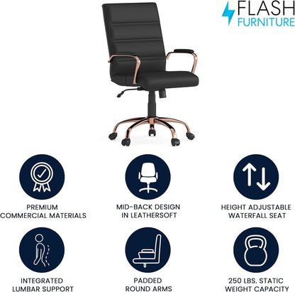 Whitney Mid Back LeatherSoft Desk Chair With Adjustable Height Black Rose Gold