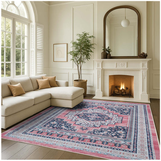 Paulina Pale Pink & Midnight Blue Persian Vintage Rug