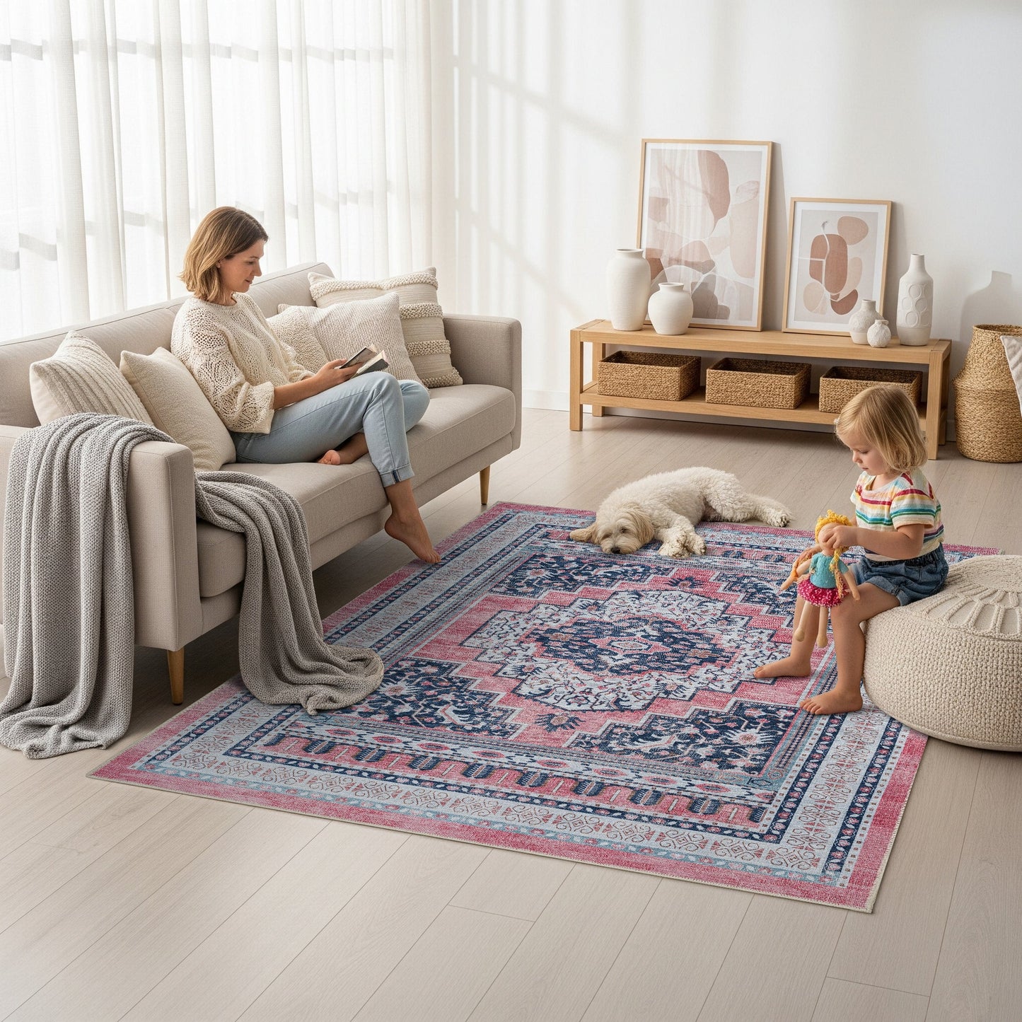 Paulina Pale Pink & Midnight Blue Persian Vintage Rug