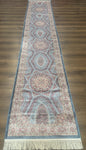 Turkish Silk Runner Rug 2.6 x 13, Blue Runner Rug, Dome Design, Bamboo Silk, New