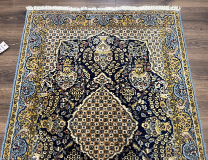 Fine Persian Qum Rug 3x5, Semi Antique Vintage Oriental Ghom Carpet, Floral Medallion, Highly Detailed, Hand Knotted, Navy Blue, Wool Area Rug, Birds