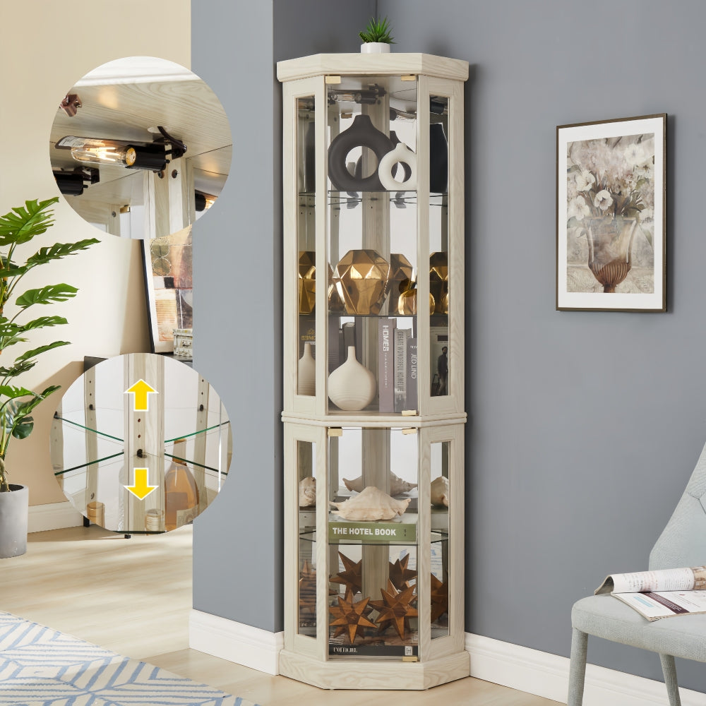 Lighted Corner Curio Cabinet Tall Display Case with Mirrored Back Glass Doors Adjustable Shelves White