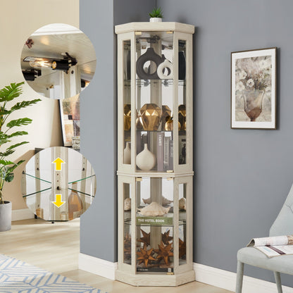 Lighted Corner Curio Cabinet Tall Display Case with Mirrored Back Glass Doors Adjustable Shelves White