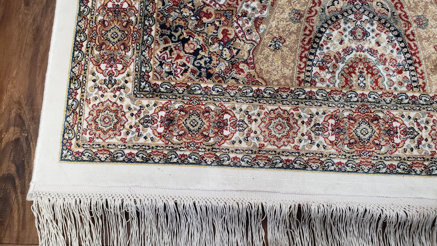 Persian Design Silk Accent Rug, Dome Medallion, Allover Pattern Oriental Carpet, Small Silk Rug, Cream, Ivory, Bamboo Silk, 2' 8" x 4' 1"