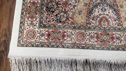 Persian Design Silk Accent Rug, Dome Medallion, Allover Pattern Oriental Carpet, Small Silk Rug, Cream, Ivory, Bamboo Silk, 2' 8" x 4' 1"