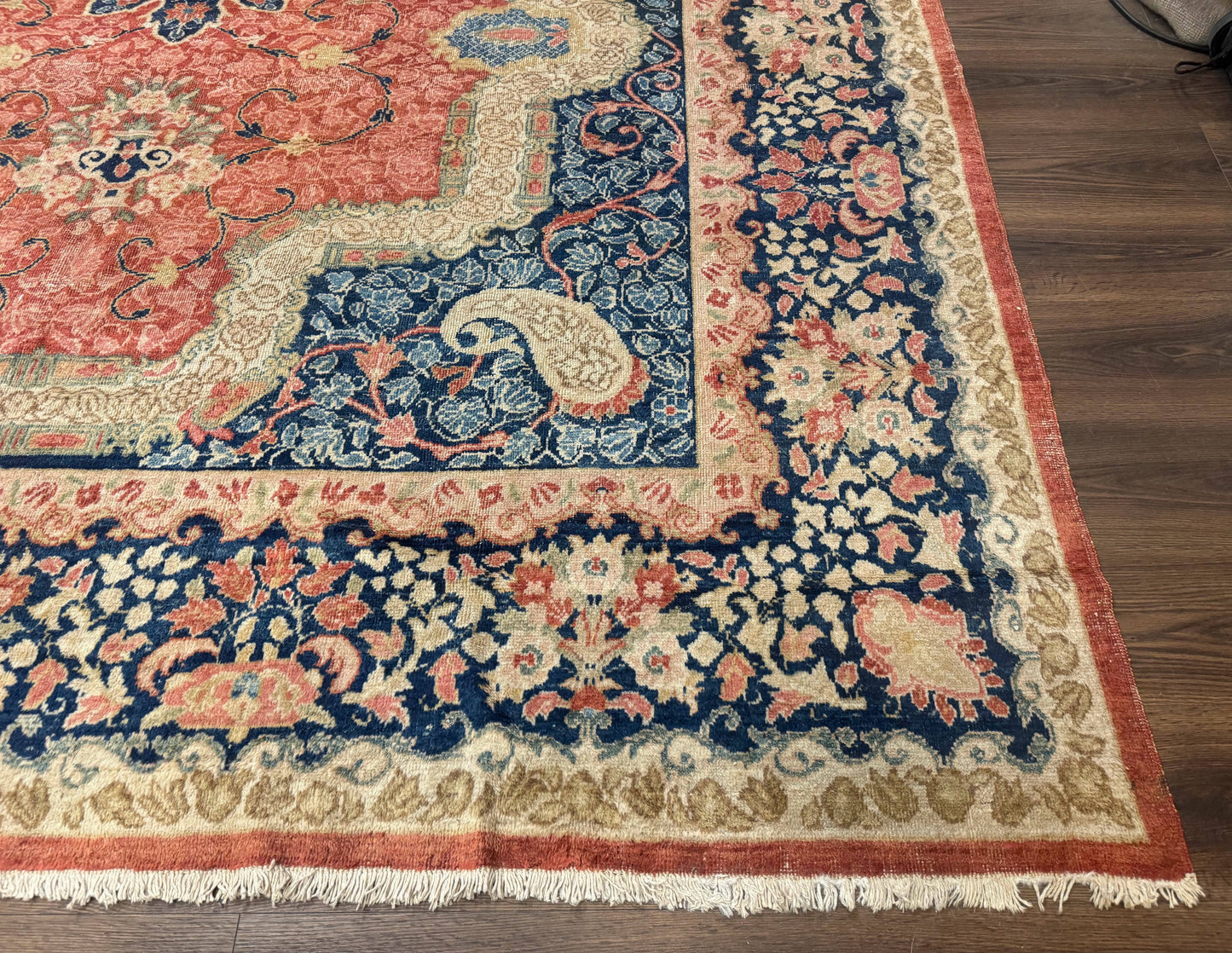 Antique Persian Sarouk Rug 9x12, Boteh Paisleys, Light Red Navy Blue