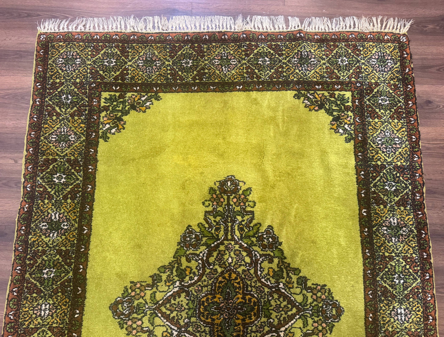 Moroccan Rug 6x8, Semi Open Field, Vintage, Lime Green, Wool Carpet
