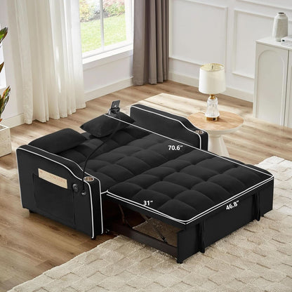 Black Velvet Luxe Sleeper Sofa Bed USB Charging Port