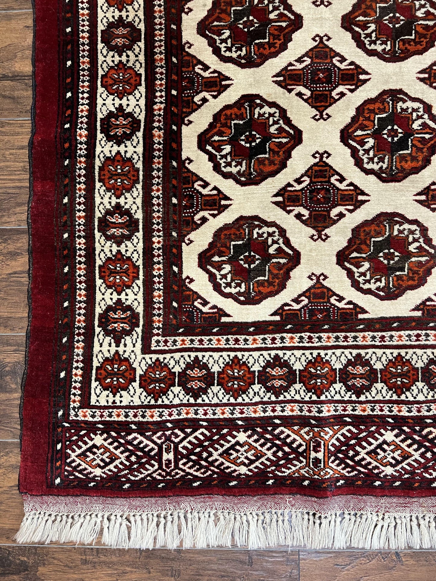 Persian Turkoman Rug 7x8, Almost Square Rare, Hand Knotted, Yamud, Bohemian Rug, Handmade Tribal Rug, Cream Red, Handmade Oriental Carpet