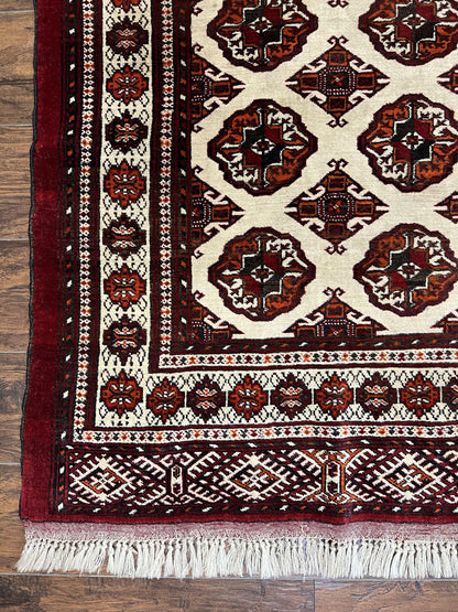 Persian Turkoman Rug 7x8, Almost Square Rare, Hand Knotted, Yamud, Bohemian Rug, Handmade Tribal Rug, Cream Red, Handmade Oriental Carpet