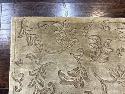 Modern Tibetan Rug 3.7 x 5.5, Carved Floral Design, Wool and Silk Highlights